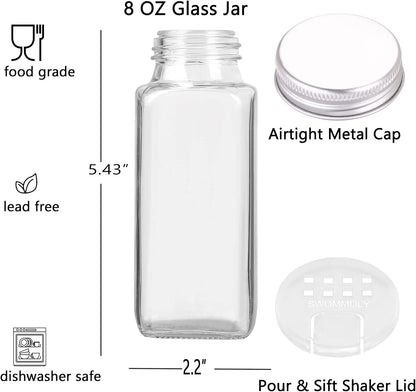 SWOMMOLY 25 Glass Spice Jars 8 oz Empty Spice Bottles with 713 Spice Labels, Chalk Marker and Funnel Complete Set. 25 Square Seasoning Containers with Airtight Cap, Pour/sift Shaker Lid