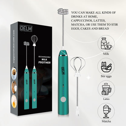 Delm Milk Frother Electric USB Stainless Steel Accessory - Frother Wand Foam Maker for Lattes - Milk Frother Handheld for Cappuccino, Frappe, Matcha, Hot Chocolate - Frother for Coffee (green)
