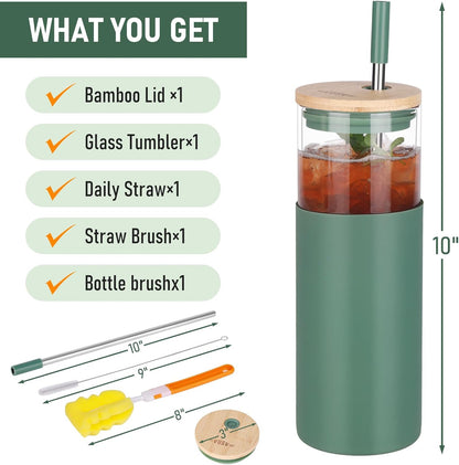 Glass Tumbler w/Lids & Straw:24oz Reusable Mug w/Bamboo Lid & Stainless Steel Straw-BPA-Free, Leak-Proof,Dishwasher Safe for Coffee,Smoothies, Hot Beverages, Travel, Office, Home Use,4-PK