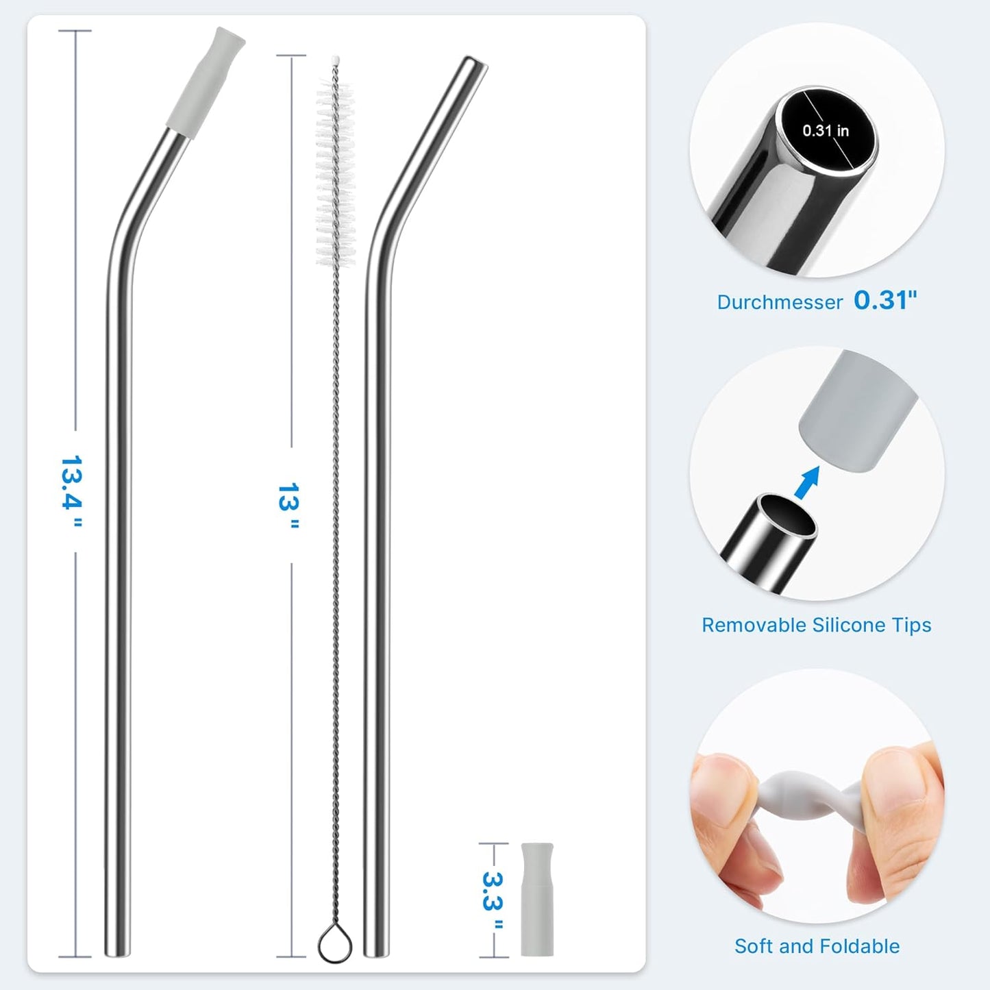 Repeatable Metal Straw with Silicone Tips for 40 oz Stanley Tumbler, 2 Pcs 40 oz Stainless Steel Straws Replacement for Stanley Tumbler, 1 Straw Brush, BPA Free（Light Gray）
