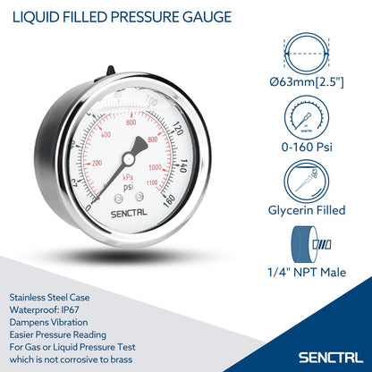 SENCTRL 0-160 Psi Glycerin Liquid Filled Air Pressure Gauge, 2.5" Dial Size, 1/4" NPT Back Mount, Stainless Steel Case, for Water Pump, Tire, Large Air Compressor, Well, RV Regulator Pressure Test