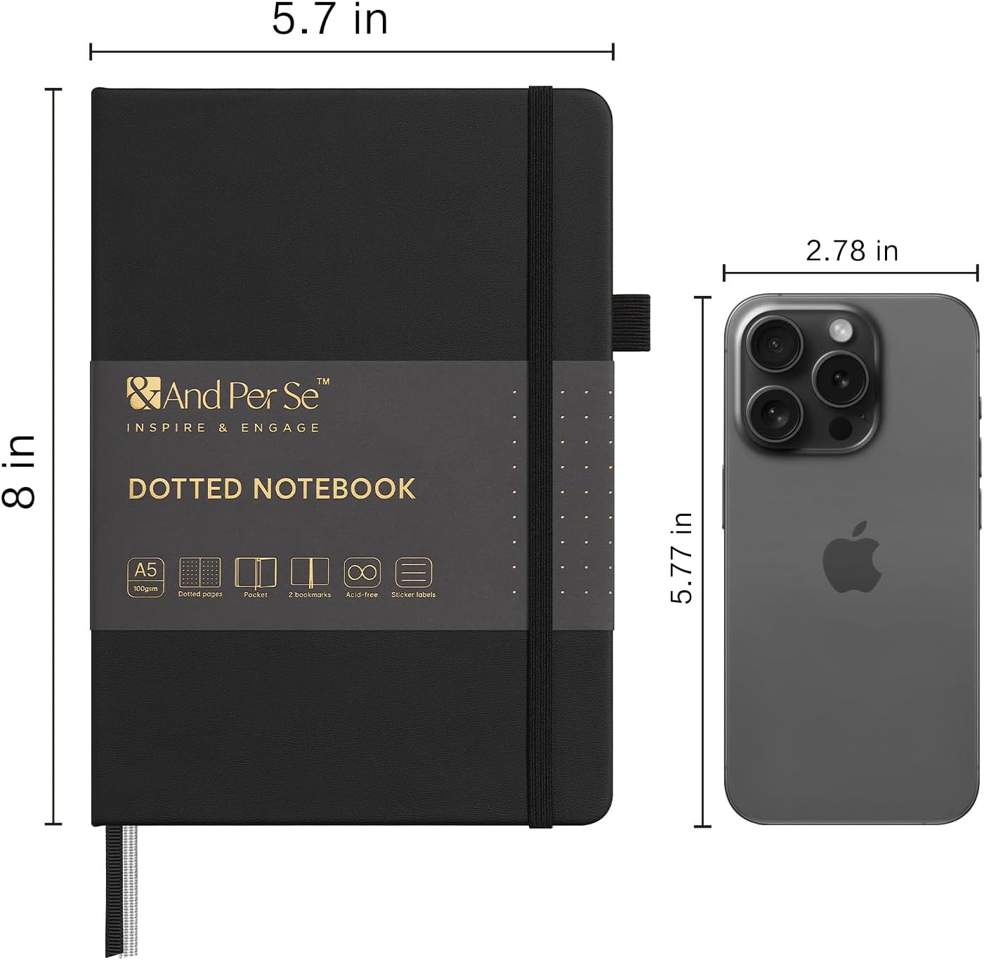 &And Per Se Dotted Journal Notebook, A5 Hardcover Leather Bullet Dotted Journal, 160 Pages 100 gsm Thick Dotted Paper，3 Sheets of Stickers Included (Black)