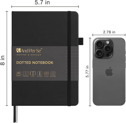 &And Per Se Dotted Journal Notebook, A5 Hardcover Leather Bullet Dotted Journal, 160 Pages 100 gsm Thick Dotted Paper，3 Sheets of Stickers Included (Black)