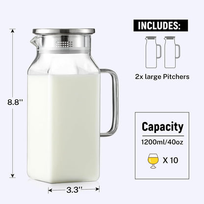 Netany 2 Pack 1.2 Liters/40 oz Small Square Glass Pitcher with Lid and Handle for Fridge, Iced Tea and Coffee Carafe Storage Container, Resistant to Hot and Cold Borosilicate Jug