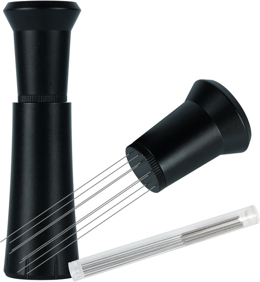 WDT Tool Espresso Distribution Tool with 10 x 0.25mm Stainless Steel Needles, Espresso Machine Accessories with 10 Extra 0.4mm Needles, Aluminum Alloy Handle Stand with Hide Brush for Barista