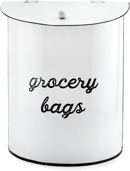 AuldHome Design Rustic Grocery Bag Holder; Wall-Mounted Vintage Enamelware Farmhouse Style Plastic Bag Dispenser for Kitchen or Laundry Room
