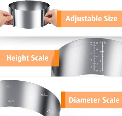 iNeibo Cake Ring and Cake Collar Set, 6 to 12 Inch Adjustable Cake Mousse Mould Set with 6inch Clear Cake Roll, Stainless Steel Pastry Ring, Mousse Ring, Ring Mold for Baking