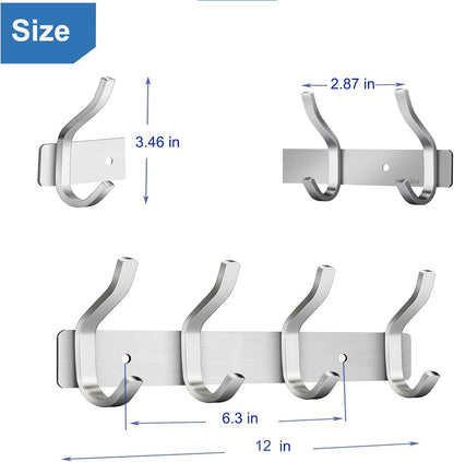 Wall Hooks Heavy Duty, 12 Inch Coat Rack Wall Mount with 4 Hooks, Silver Wall Hooks Hangers for Entryway, Bathroom - for Hanging Backpack, Bag, Coat, Purse, Hat, Towel, Clothes,2 Packs