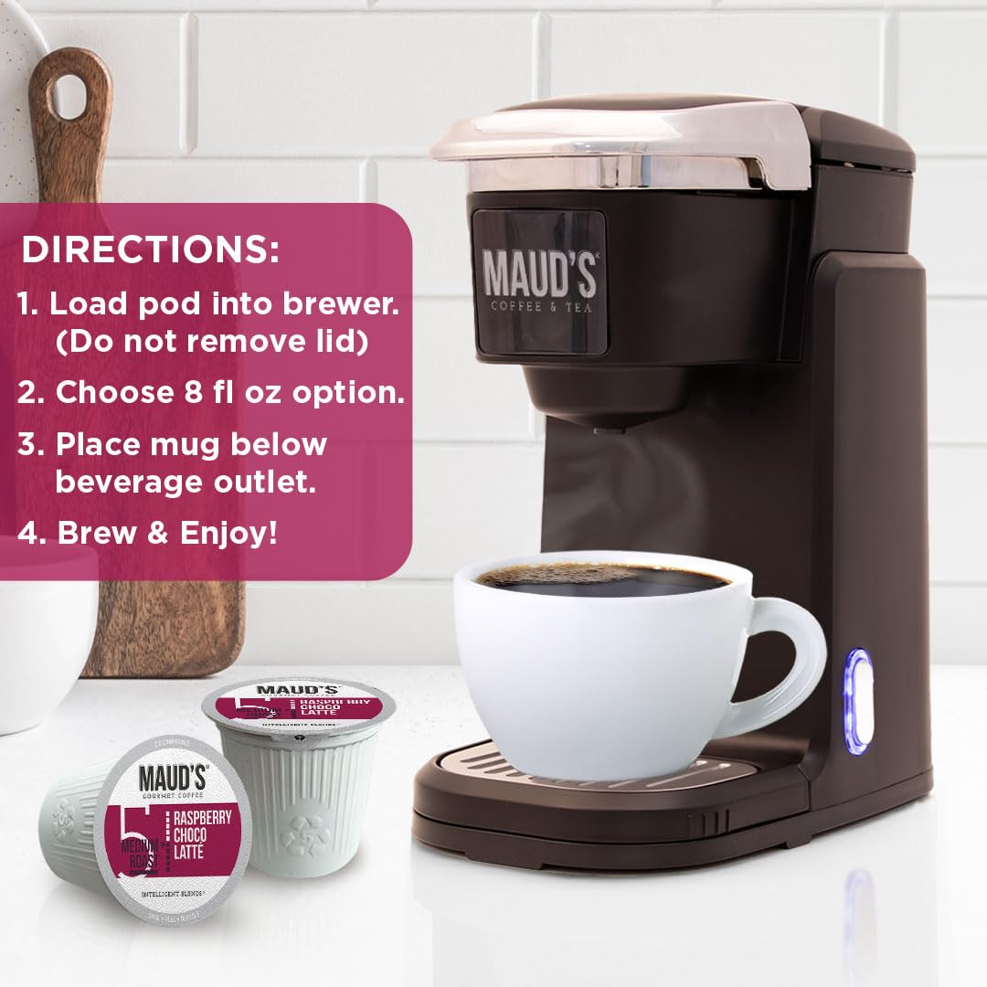 Maud's Raspberry Chocolate Flavored Coffee Pods, 50 ct, Medium Roast Flavored Coffee in Recyclable Single Serve Pods – 100% Arabica Beans, Compatible with Keurig K Cups Maker