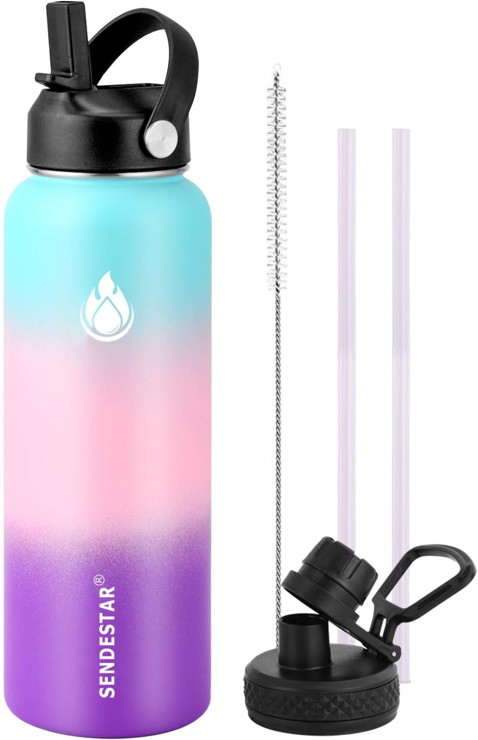 SENDESTAR Water Bottle 40oz Double Wall Vacuum Insulated Leak Proof Stainless Steel Sports Water Bottle—Wide Mouth with New Flex Straw Lid & Spout Lid (Hydrangea)