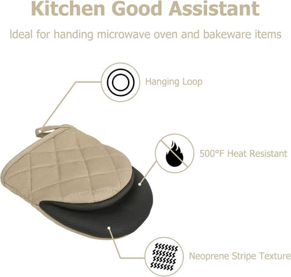 1 Pair Short Oven Mitts, Heat Resistant Silicone Kitchen Mini Oven Mitts for 500 Degrees, Non-Slip Grip Surfaces and Hanging Loop Gloves, Baking Grilling Barbecue Microwave Machine Washable