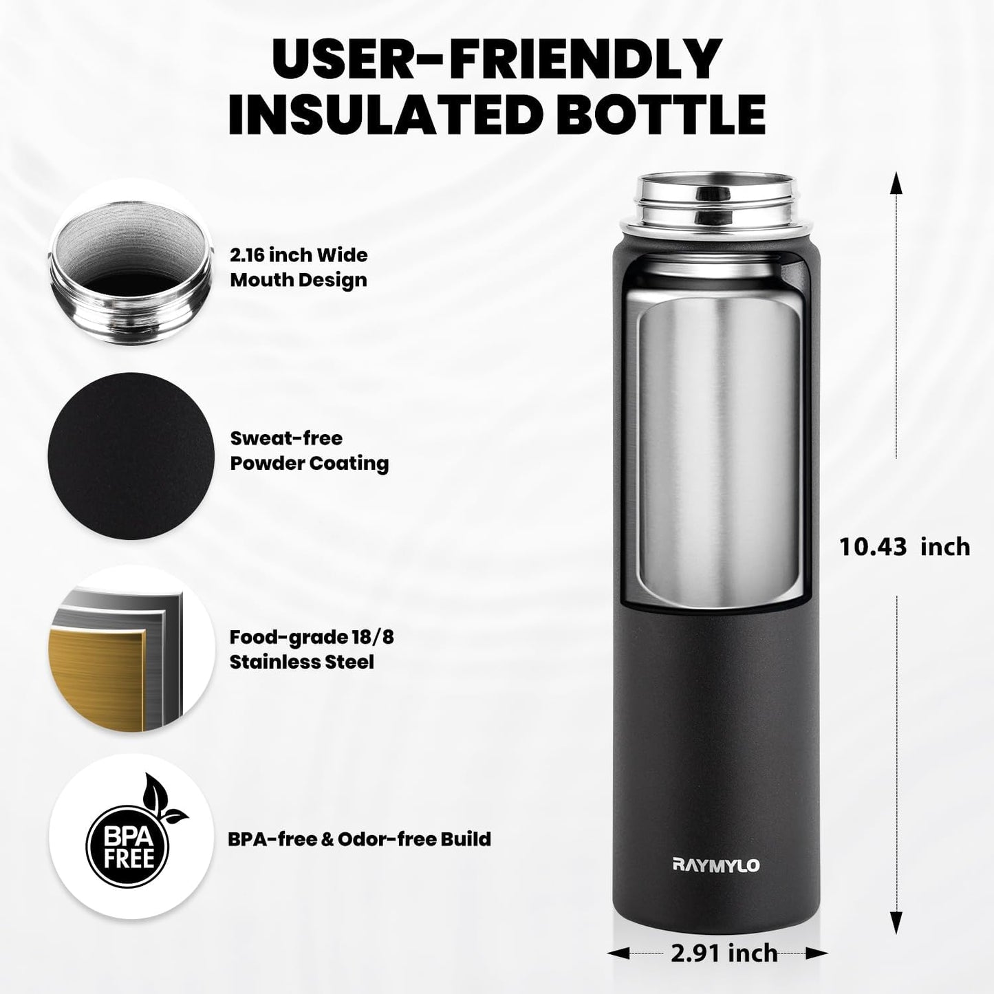 Insulated Water Bottle 24oz, Triple Wall Vacuum Stainless Steel (Cold for 48 Hrs, Hot for 24Hrs), Leak Proof & Non-BPA, 24oz Hydro Water Flask with Paracord Handle & Straw Spout Lids