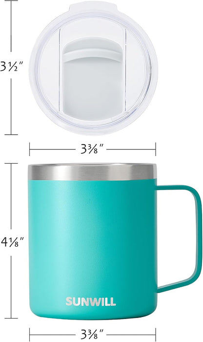 SUNWILL Insulated Coffee Mug with Lid, Travel Tumbler with Handle, 14 oz Stainless Steel Cup for Camping, Office, Home, Powder Coated Teal
