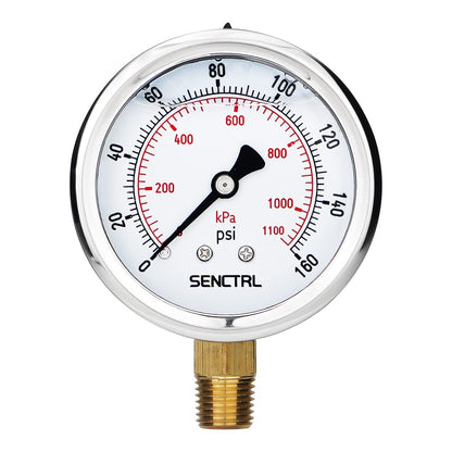SENCTRL 0-160 Psi Glycerin Liquid Filled Air Pressure Gauge, 2.5" Dial Size, 1/4" NPT Lower Mount, Stainless Steel Case, Water Pump, Tire, Large Air Compressor, Well Pump, RV Regulator Pressure Test