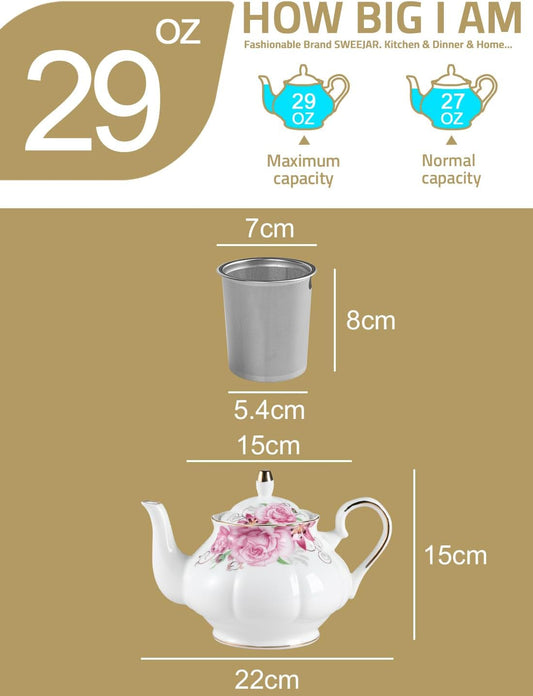 Sweejar Ceramic Teapot with Infuser, Floral Relief Gold Rimmed Teapot, 29 OZ Porcelain Tea Pot for Blooming and Loose Tea, Coffee...(Camellia)