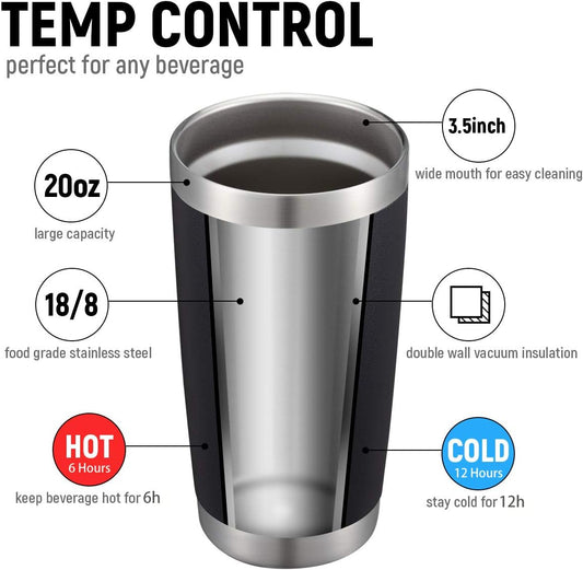 COMOOO 20oz Black Tumbler Double Wall Vacuum Insulated Coffee Travel Mug Stainless Steel Tumbler with Lid and Straw Coffee Cup for Cold Drinks & Hot Beverage, Home and Outdoor (Black, 6 Pack)