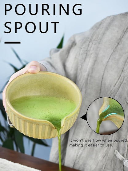Artcome Matcha Bowl Set with Pouring Spout - Ceramic Matcha Bowl, Bamboo Whisk, Whisk Holder, Tea Scoop - Complete Traditional Japanese Tea Ceremony Kit for Home & Office - Ideal for Gift