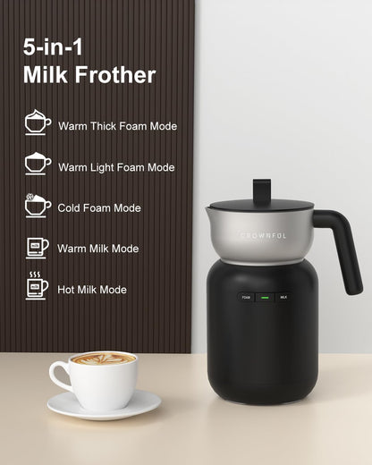 CROWNFUL Milk Frother, Electric 5-in-1 Milk Frother and Steamer with Temperature Control, Dishwasher Safe, Auto Shut-Off Frother