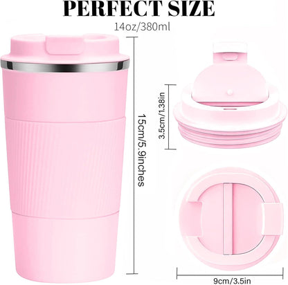 YINBAOGE Insulated Travel Coffee Mug Spill Proof Leak Proof Pobtable To Go Camping Stainless Steel Coffee Tumbler Reusable Coffee Cups with Lids Thermos for Hot and Cold Drink (Pink, 12 OZ)