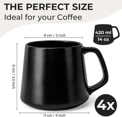 MIAMIO - Coffee Mugs Set of 4 / Large Ceramic Coffee Cups (14 oz) - Mug for Cappuccino, Tea, Espresso - Microwave and Dishwasher Safe - Luxe Collection (Black Series)