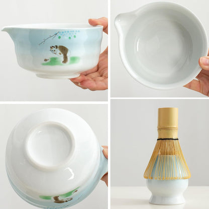 Matcha whisk and bowl set, ceramic matcha bowl with spout, matcha tea set for breakfast, matcha latte, perfect matcha set for ceremony 7 piece set (blue)