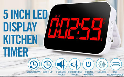 KMMKGGKitchen Timer（1.5" Number） Large Digital Magnetic Timer, Rechargeabilit, Countdown and Countup, 3 Brightness Display, 3 Volume Levels and Vibration Mode, for Cook, Adults Study Teaching(RED)