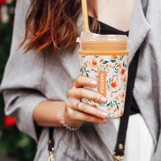 Reusable Insulated Neoprene Iced Coffee Cup Sleeve, Durable Drink Sleeve for Cold Beverages, Beverage Holder for Iced Coffee, Sunny Blooms