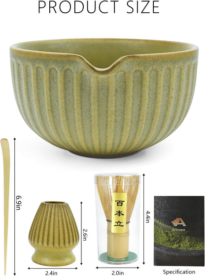 Artcome Matcha Bowl Set with Pouring Spout - Ceramic Matcha Bowl, Bamboo Whisk, Whisk Holder, Tea Scoop - Complete Traditional Japanese Tea Ceremony Kit for Home & Office - Ideal for Gift