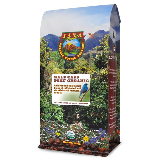 Low Acid Organic Coffee – Whole Bean, Mold-Free & Stomach Friendly by Java Planet, Peruvian Single Origin Half Caff Coffee, Medium Dark Roast, Arabica Gourmet Coffee Grade A, 1LB Bag