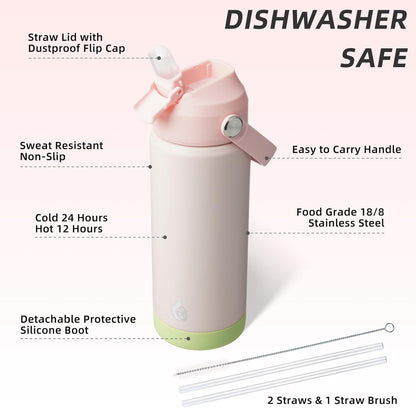 BJPKPK Insulated Water Bottle with Straw Lid, 18oz Thermos Water Bottles, Flex Handle & Non-slip Boot, BPA Free Leak Proof Stainless Steel Metal Thermos, Tumblers, Cups,Pearl Pink