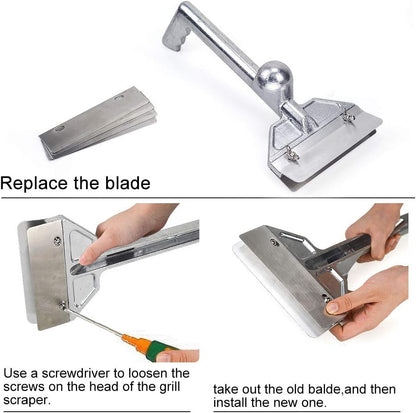Grill Scrapers, Heavy Duty Casting Aluminum Commercial Griddle Scraper with 5 Blades and Small Slant Edge Grill Scraper