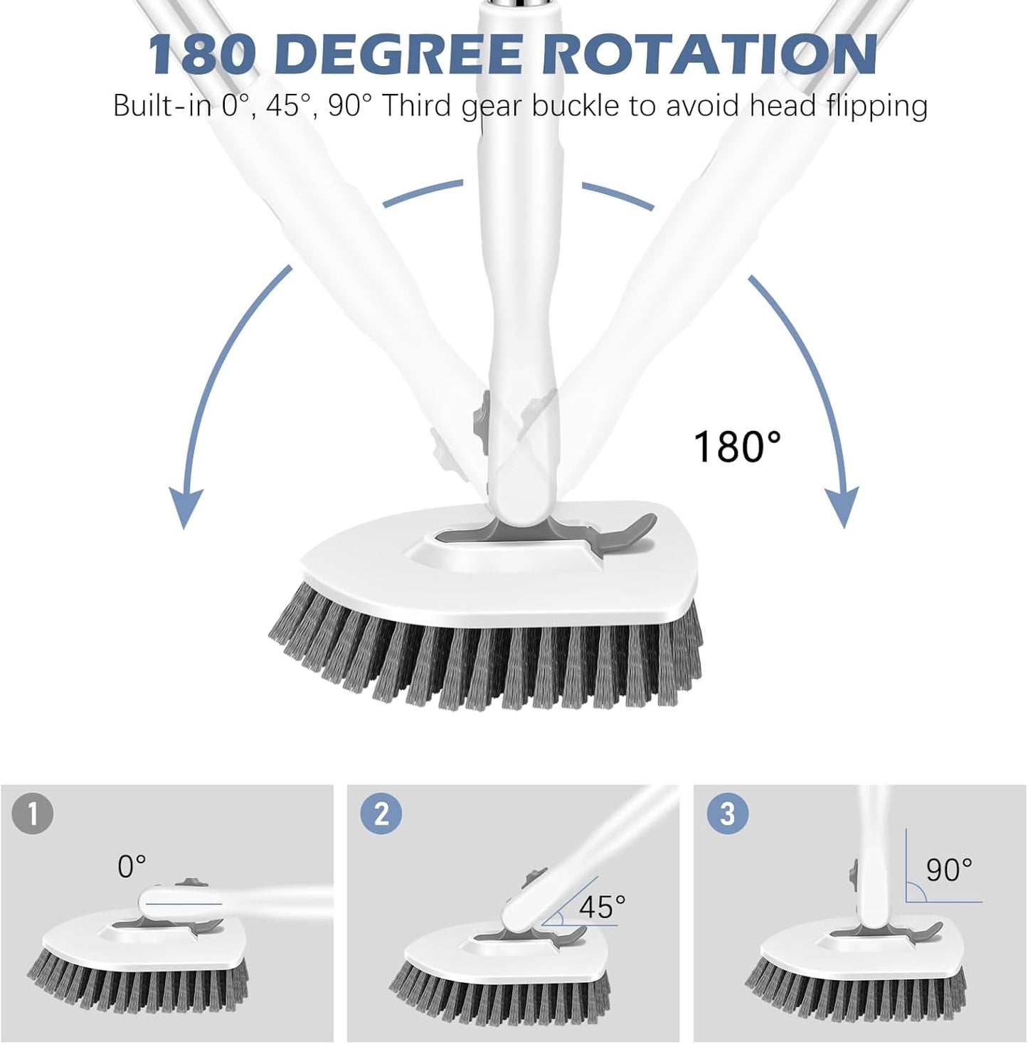 SetSail Floor Scrub Brush, 3-in-1 Tile Tub Floor Scrubber with 52-inch Adjustable Long Handle Shower Cleaner Brush and 3 Detachable Replacement Brush Heads for Cleaning Bathroom Tub Tile, White