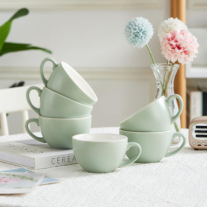 Set of 6 Matte Green 10 oz Professional Barista Ceramic Latte Art Cappuccino Cups Set (Matte Green * 6)