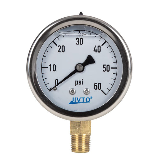 Pressure Gauge,Glycerin Liquid Filled,2.5" Dia,0-60 psi(Single Scale),1/4" NPT Brass Connection,Lower Mount, Stainless Steel Case,for Pneumatic,Pump,Hose,Well Tank,Gas Air Water Oil