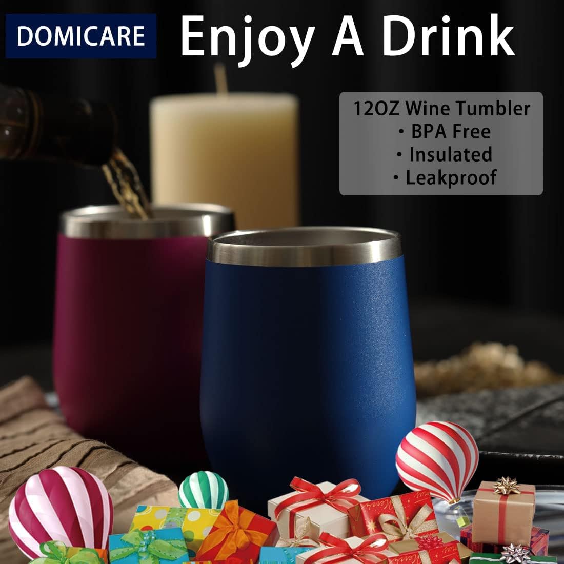 DOMICARE Stainless Steel Wine Tumbler Bulk with Lid, Personalized Insulated Tumblers Set, 12oz Travel Coffee Cups Pack of 16, Dark Blue