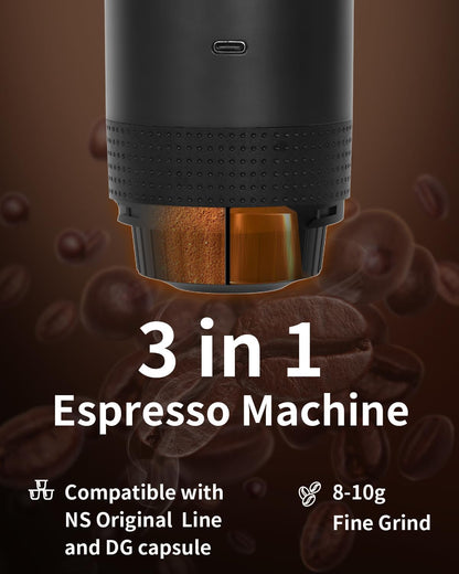 Portable Electric Espresso Machine, Travel Coffee Maker Brewer Compatible with Ground Coffee & NS Capsules (Black with LCD Screen)