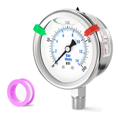 0-200PSI Stainless Steel Liquid Filled Pressure Gauge, 2.5" Dial Size, 1/4" NPT 316 Stainless Steel Joint, Lower Mount, for Tube, Water Pump, Gas, Liquid (with Range Mark Pointer)