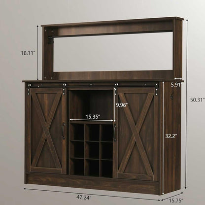 4ever2buy Farmhouse Coffee Bar Cabinet with 9 Wine Racks and 6 Hooks, 47 Inch Wine Cabinet with Storage, Kitchen Buffet Cabinet with Adjustable Shelves for Living Dining Room, Dark Oak