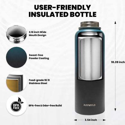 Insulated Water Bottle 40 oz, Triple Wall Vacuum Stainless Steel (Cold for 48 Hrs), Leak Proof & Non-BPA, Modern Water Flask Jug with Paracord Handle & Straw Spout Lids, Indigo/Black