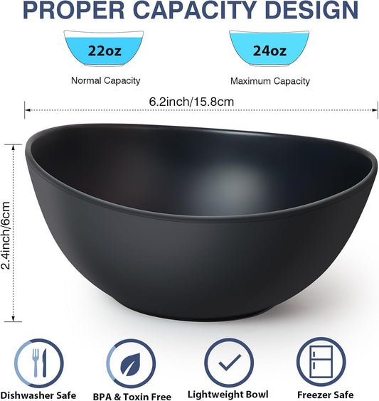 6.2'' Bamboo Fiber Cereal Bows Set of 6, Soup Bowls 24 Oz for Serving Salad, Snack, Side Dishes, Modern Oval Lightweight Bowls for Breakfast,Lunch and Dinner, Dishwasher and Freezer Safe(Matte black)