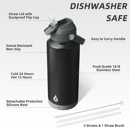 BJPKPK Water Bottle with Straw Lid, 32oz Vacuum Insulated Water Bottles, Metal Stainless Steel Thermos for Sports, Travel, BPA Free Leak Proof Thermos, Cups, Flasks, Tumblers,Black