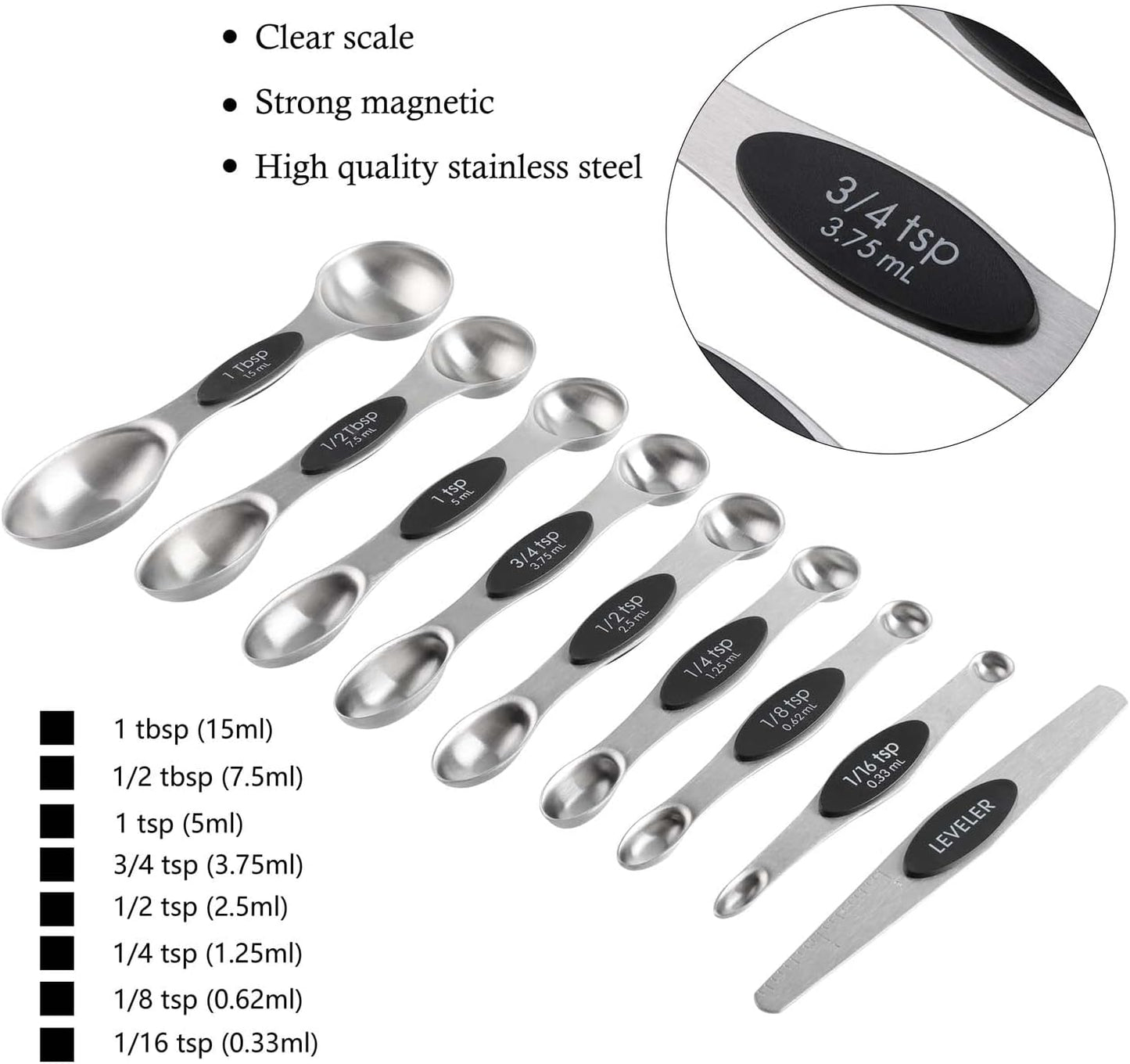 Magnetic Measuring Cups and Spoons Set Including 7 Stainless Steel Stackable Measuring Cup 8 Double Sided Magnetic Measuring Spoons with 1 Leveler for Dry and Liquid Ingredients (black)