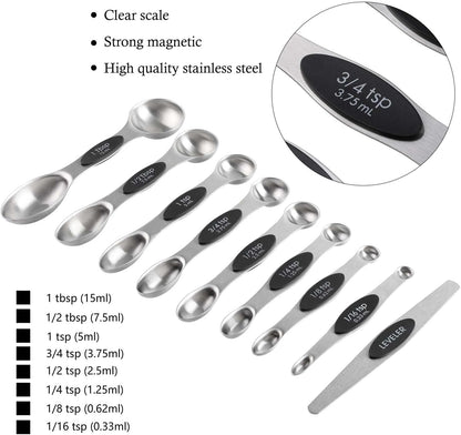 Magnetic Measuring Cups and Spoons Set Including 7 Stainless Steel Stackable Measuring Cup 8 Double Sided Magnetic Measuring Spoons with 1 Leveler for Dry and Liquid Ingredients (black)