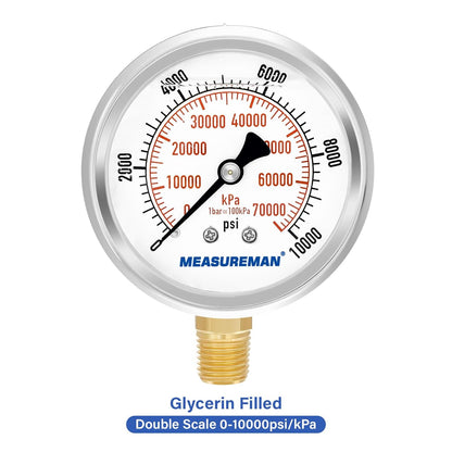 MEASUREMAN 2-1/2" Dial Size, Glycerin Filled Pressure Gauge, 0-10000psi/kpa, 304 Stainless Steel Case, 1/4" NPT Lower Mount