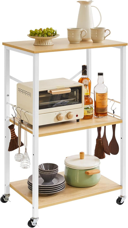 IBUYKE Kitchen Shelf Cart, 3-Tier Microwave Oven Stand, Baker’s Rack with Metal Frame and 8 Hooks, Industrial Printer Stand, Utility Standing Storage Shelf for Coffee Bar, Simple Assembly, TMJ023R
