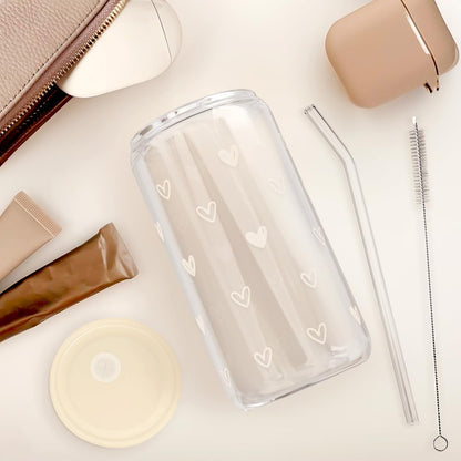 Heart 16oz Can Glass Tumbler with Acrylic Lid & Straw, Iced Coffee Cup for Women, Aesthetic Cups Gifts for Birthday Christmas Valentine