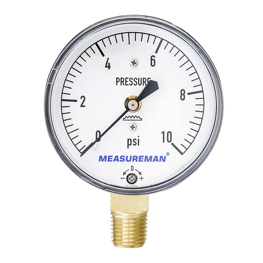 MEASUREMAN Diaphragm Type Capsule Low Pressure Gauge, 2-1/2" Dial, 1/4" NPT Lower Mount, Adjustable, 0-10Psi