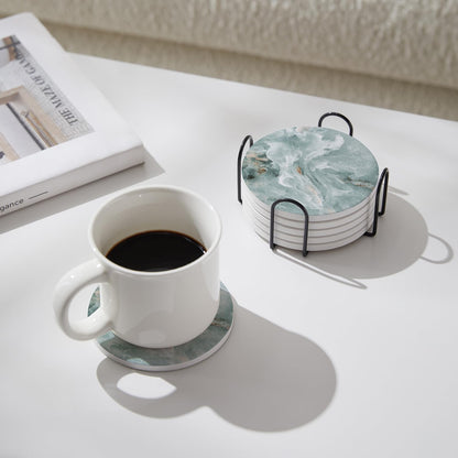 Set of 6 Abstract Marble Coasters with Holder, Absorbent Ceramic Coasters for Drinks, Coasters with Cork Backing for Table Protection, Housewarming Gifts for New Home