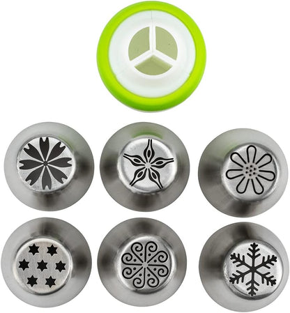 Restaurantware Pastry Tek Russian Piping Tips Set 17 Piece Durable Cake Decorating Kit - 6 Piping Tips 10 Piping Bags Stainless Steel Piping Bags And Tips Set 1 Tri-Color Coupler
