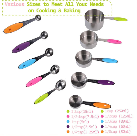 Inmorven 10pcs Measuring Cups and Spoons Set, Nesting Kitchen Stainless Steel Measuring Set for Baking Cooking Dry Liquid Ingredients Upgraded Thickness Handle